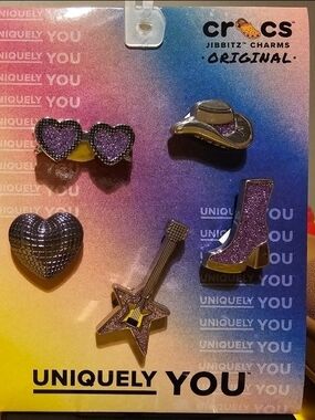 Authentic Purple Glitter Crocs Jibbitz Heart, Shades, Guitar, Boot & Cowboy Hat